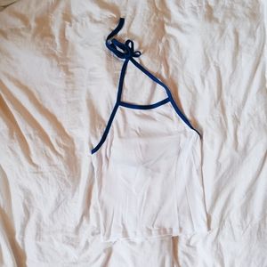 White Cotton Halter Top with Blue Neckline